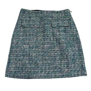 NWT LOFT Blue Green Multicolor Tweed Front Flap Pockets A Line Skirt Petite 2‎